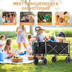 Collapsible Foldable Wagon Cart, Large Capacity Garden Beach Cart with All-Terrain Wheels, Heavy Duty Utility Grocery Wagon with Drink Holders for Shopping Sports Camping