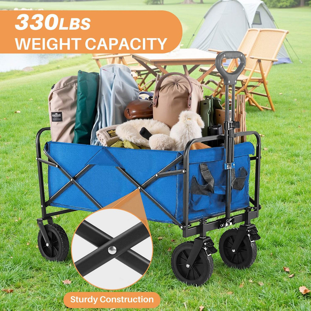 Collapsible Foldable Wagon Cart, Large Capacity Garden Beach Cart with All-Terrain Wheels, Heavy Duty Utility Grocery Wagon with Drink Holders for Shopping Sports Camping