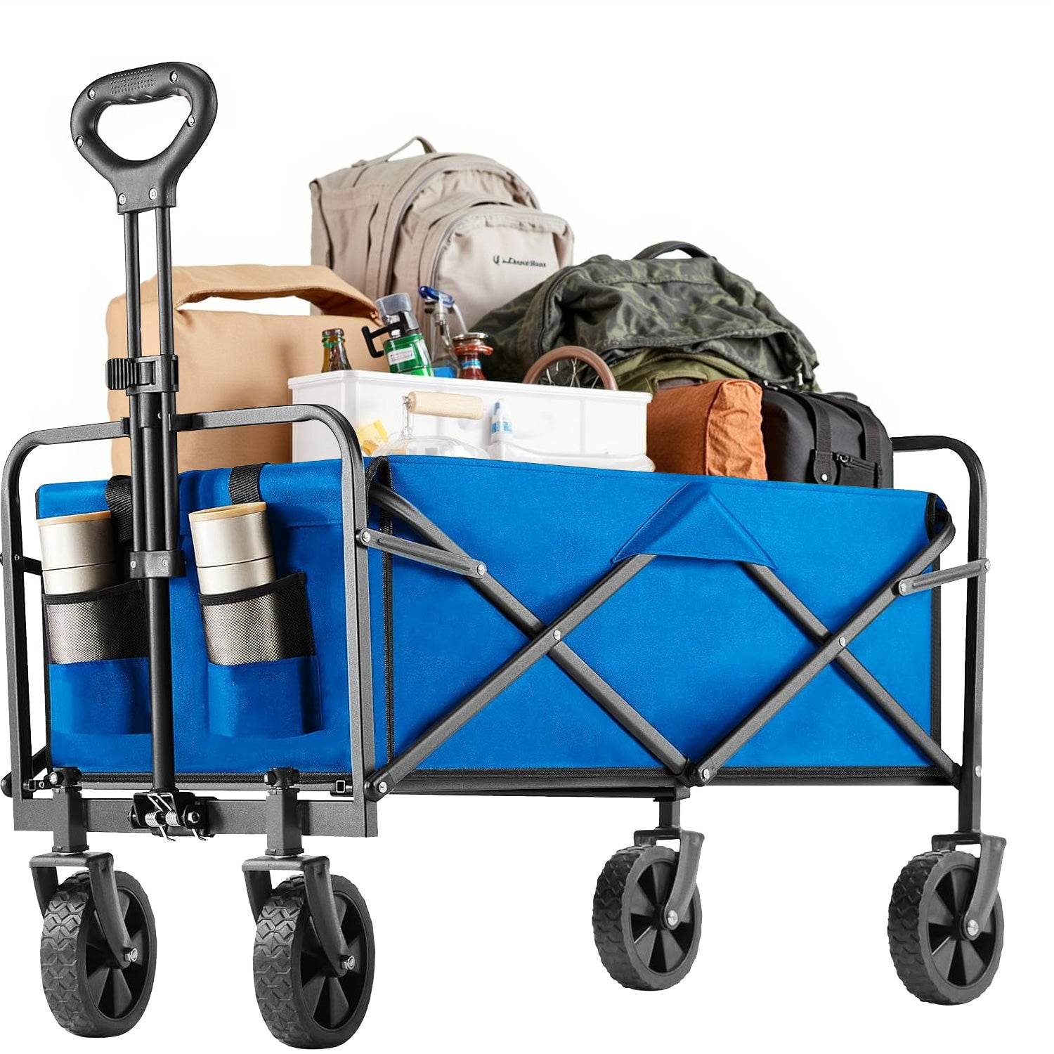 Collapsible Foldable Wagon Cart, Large Capacity Garden Beach Cart with All-Terrain Wheels, Heavy Duty Utility Grocery Wagon with Drink Holders for Shopping Sports Camping