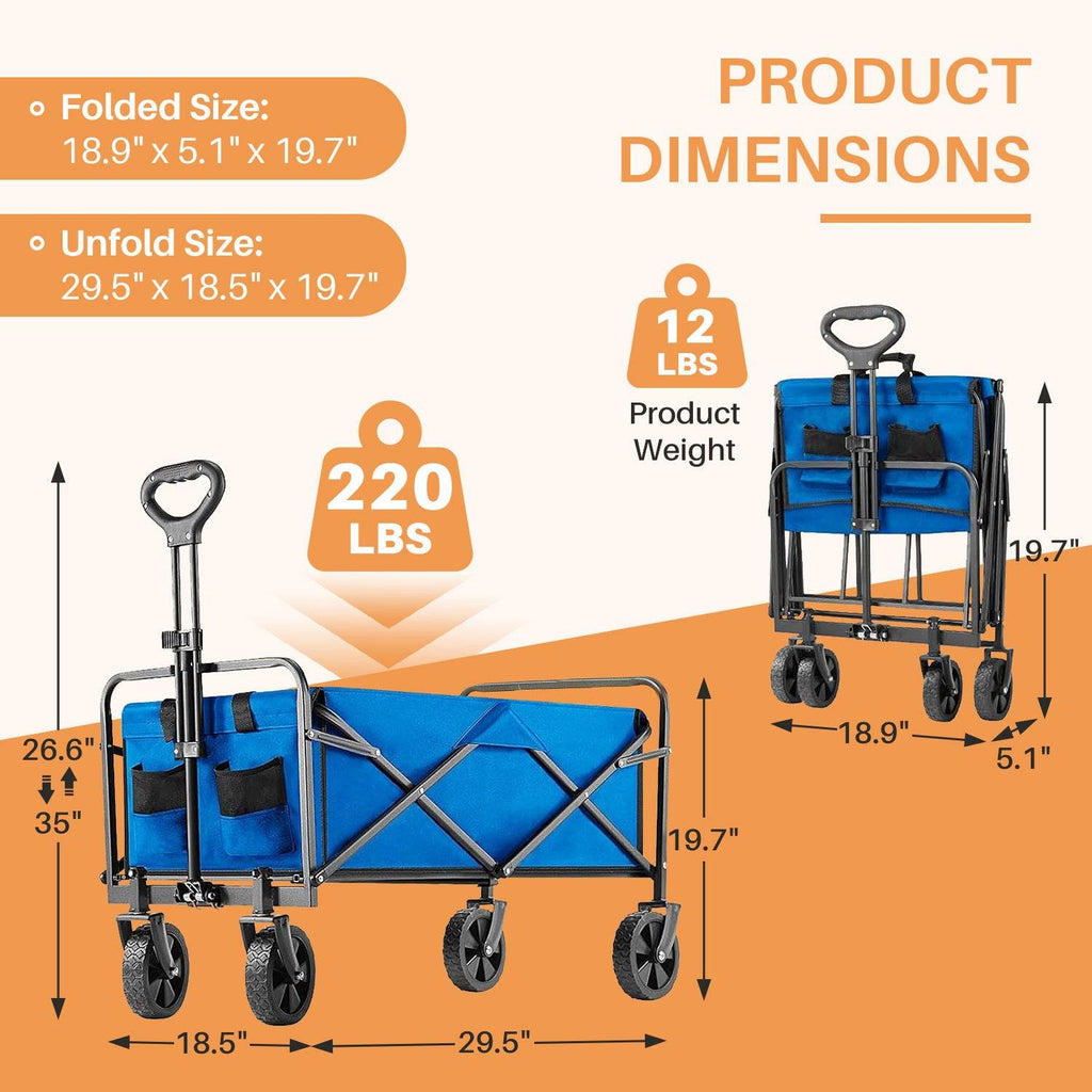 Collapsible Foldable Wagon Cart, Large Capacity Garden Beach Cart with All-Terrain Wheels, Heavy Duty Utility Grocery Wagon with Drink Holders for Shopping Sports Camping