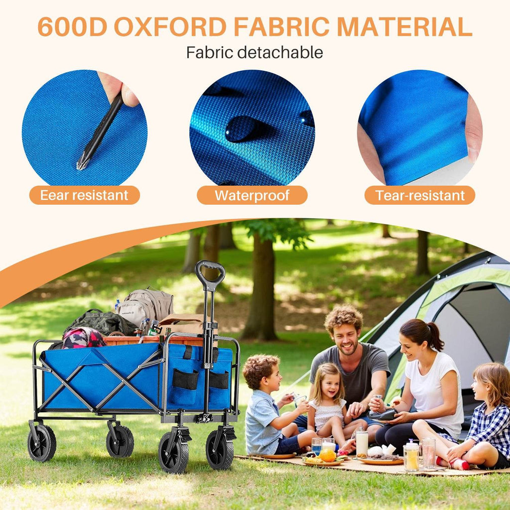Collapsible Foldable Wagon Cart, Large Capacity Garden Beach Cart with All-Terrain Wheels, Heavy Duty Utility Grocery Wagon with Drink Holders for Shopping Sports Camping