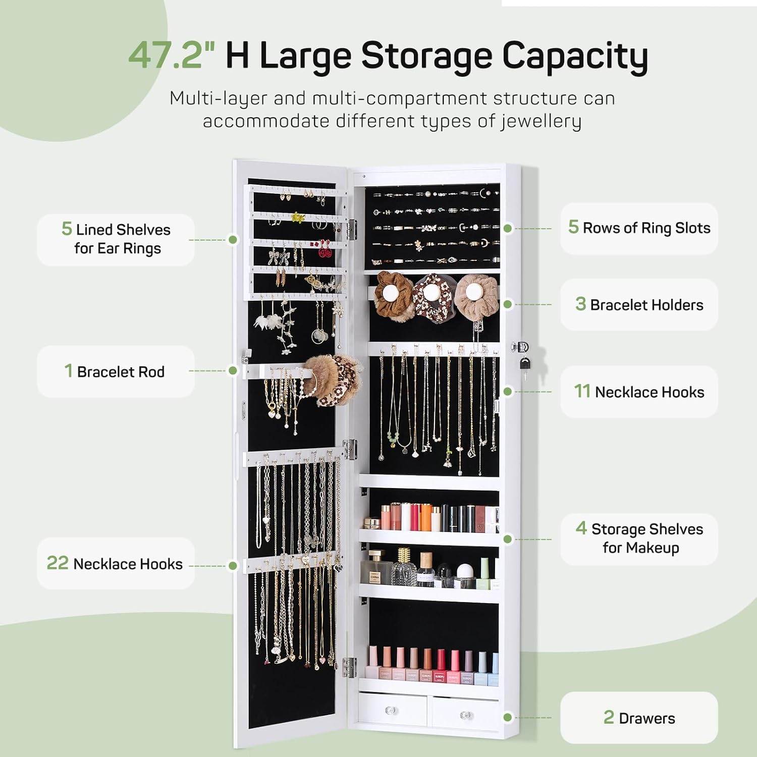 Jewelry Cabinet with Full-Length Mirror 47.2 Inches Large Storage Lockable