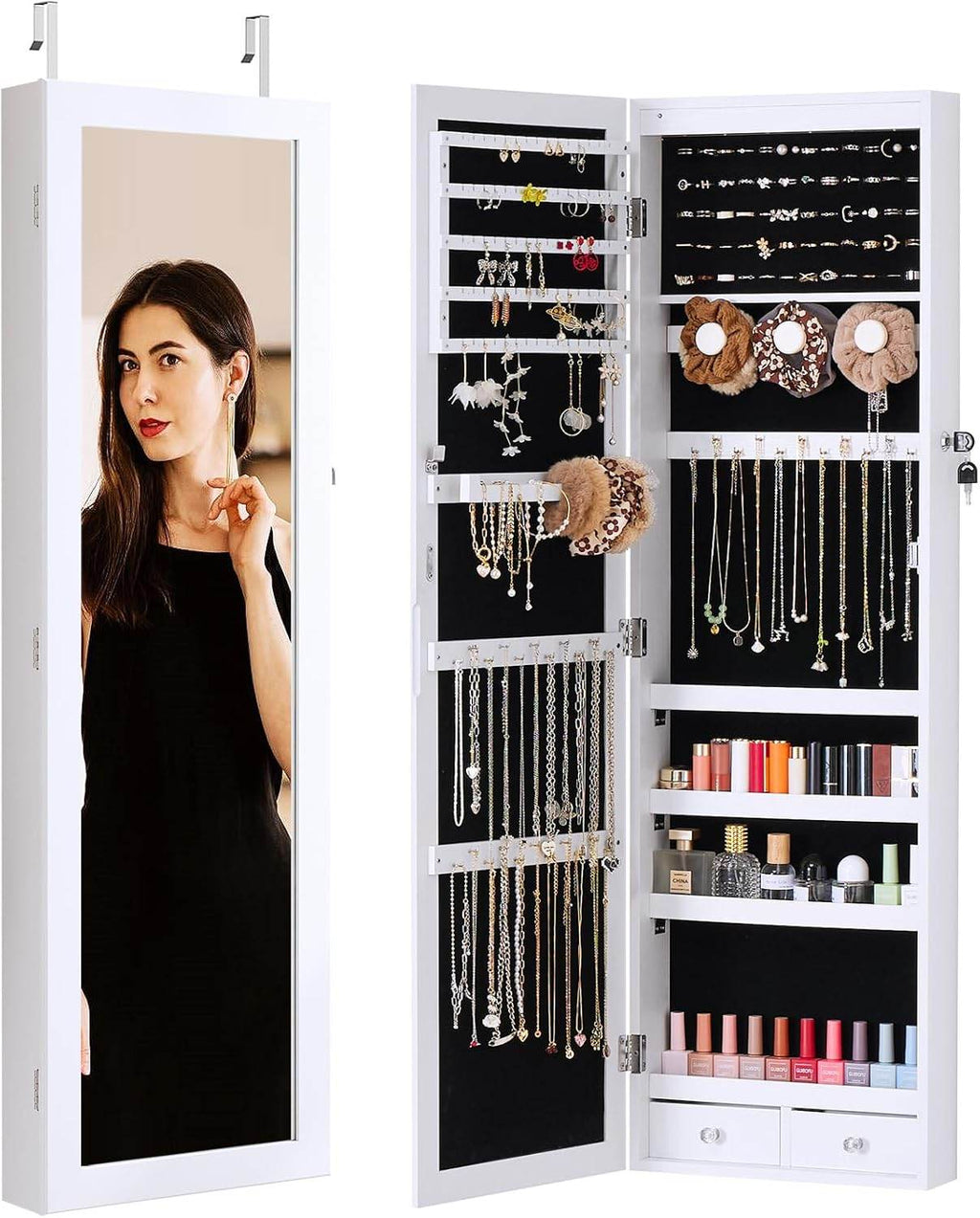 Jewelry Cabinet with Full-Length Mirror 47.2 Inches Large Storage Lockable