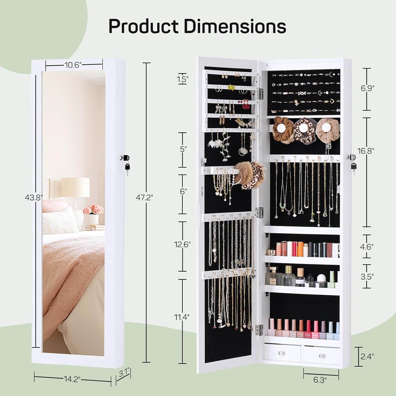 Jewelry Cabinet with Full-Length Mirror 47.2 Inches Large Storage Lockable