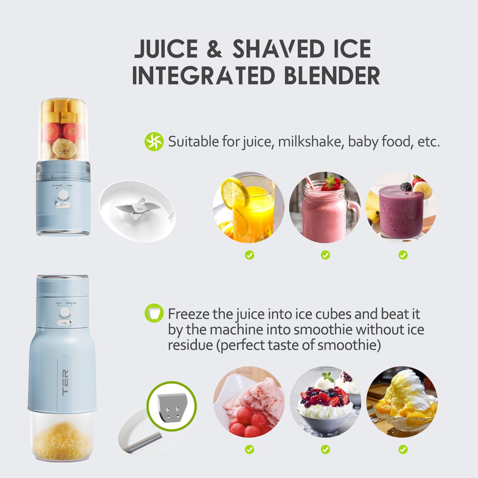 Ice Shaver Portable Blender 2 in 1 for Milkshakes and Smoothies, Cordless Electric, Rechargeable