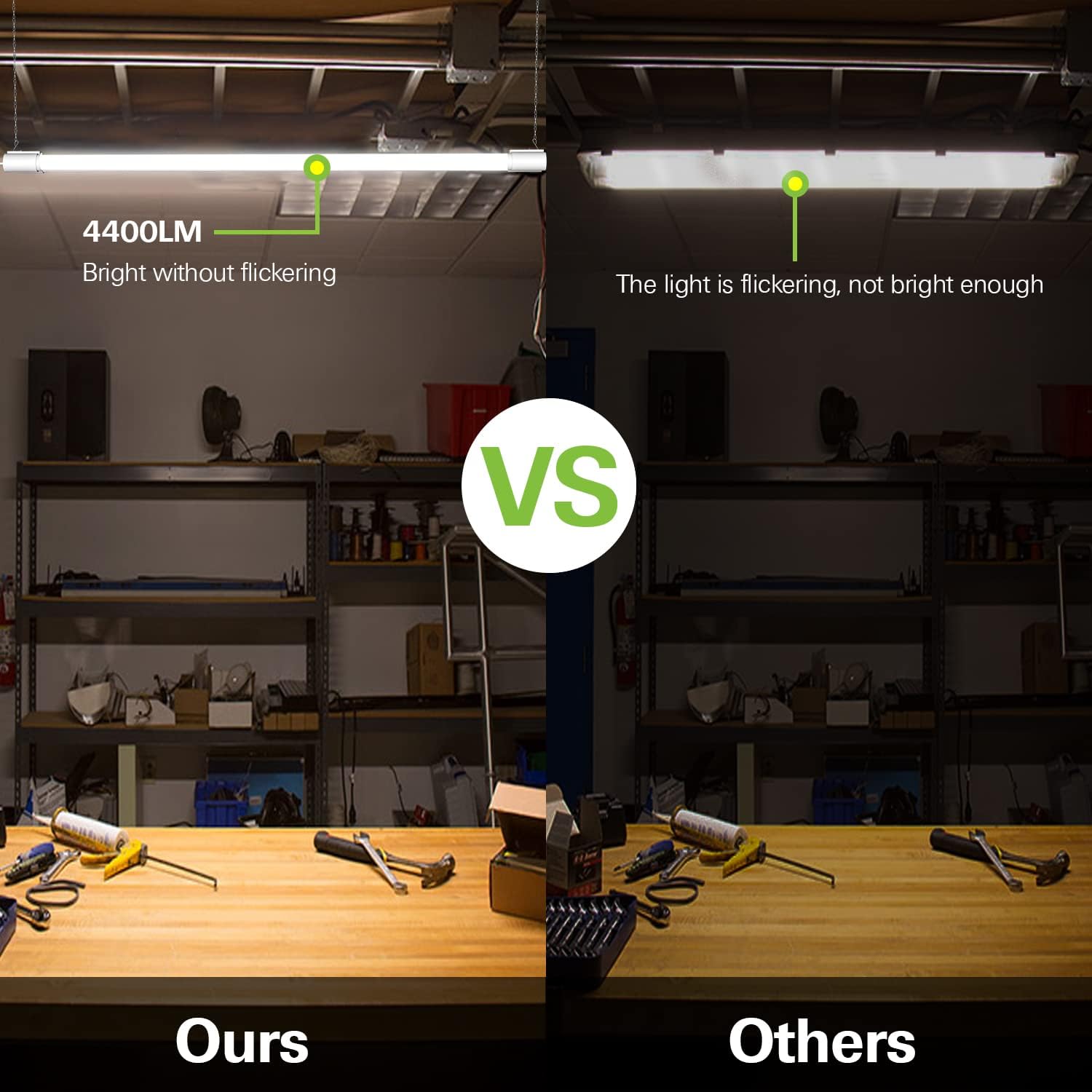 LED lamp with Power Cord and On/Off Switch 4 Pack 4FT LED Shop Light Linkable, 4400lm, 42w(250w Equivalent), 5000K Utility Shop Lights, Hanging or Flush Mount