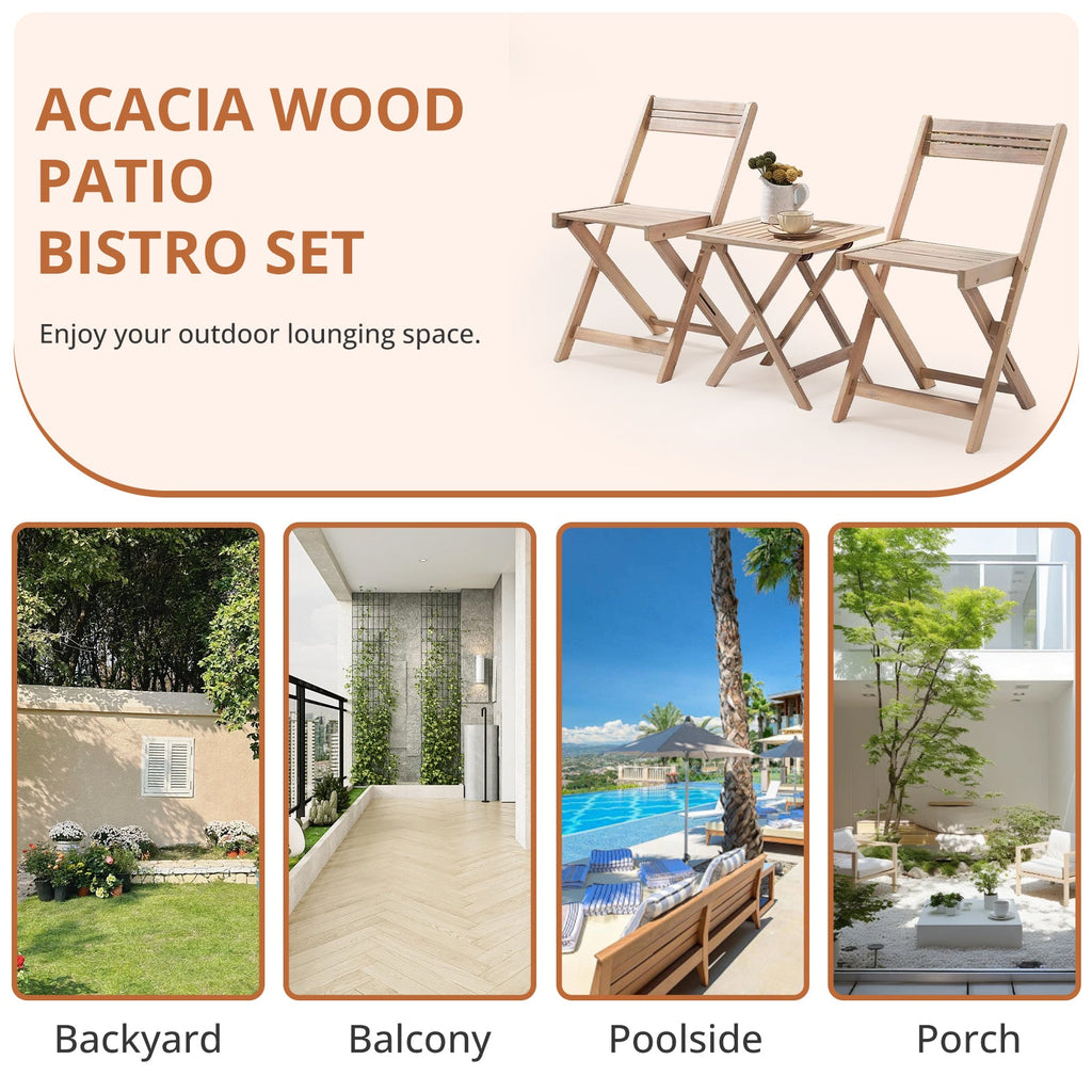 Patio Furniture Set 3 Piece Acacia Wood Bistro Table and Chairs Set of 2 Outdoor Bistro Patio Set Folding Patio Chairs and Square Table for Balcony, Porch, Garden