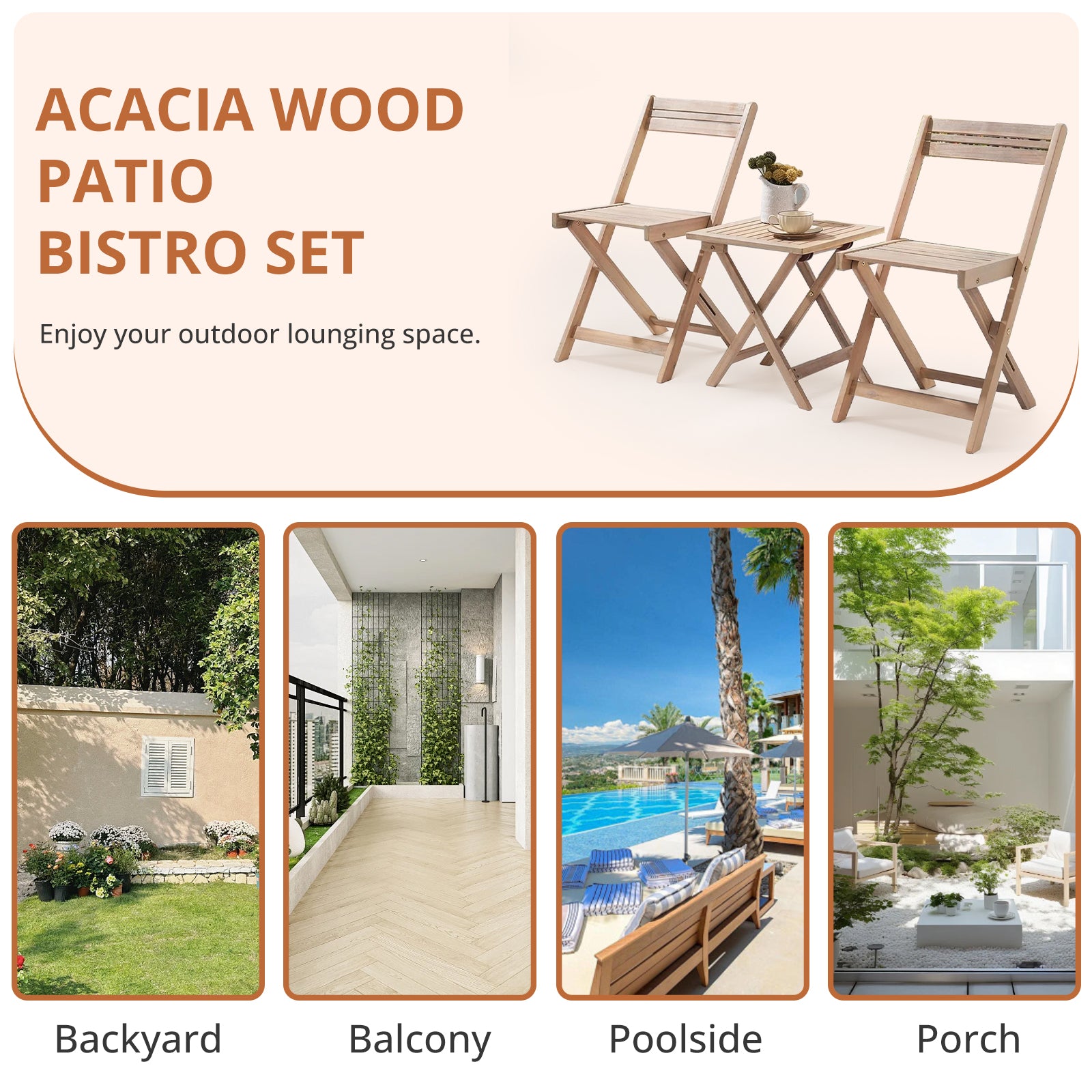 Patio Furniture Set 3 Piece Acacia Wood Bistro Table and Chairs Set of 2 Outdoor Bistro Patio Set Folding Patio Chairs and Square Table for Balcony, Porch, Garden
