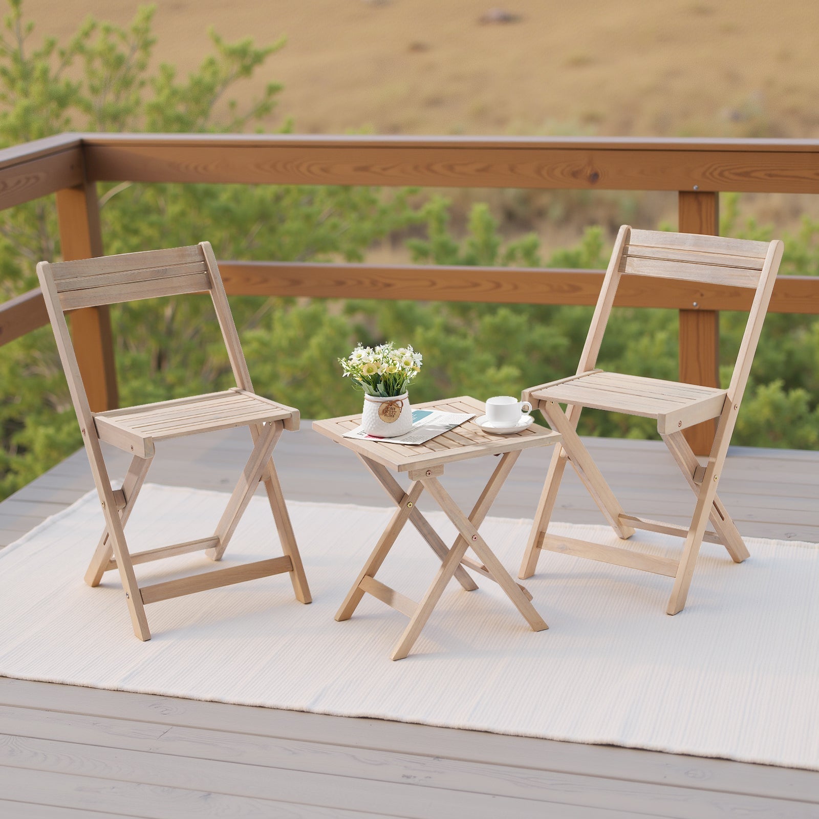 Patio Furniture Set 3 Piece Acacia Wood Bistro Table and Chairs Set of 2 Outdoor Bistro Patio Set Folding Patio Chairs and Square Table for Balcony, Porch, Garden