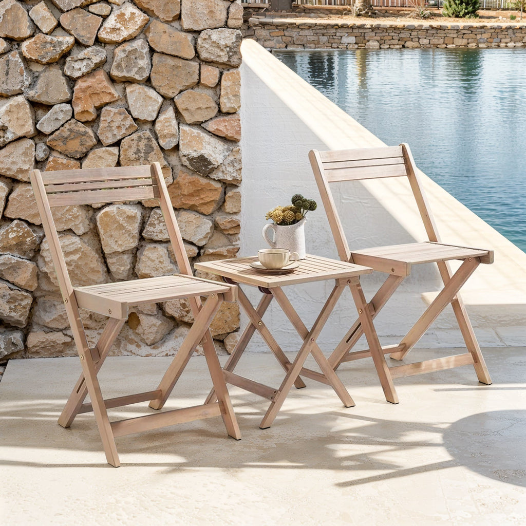 Patio Furniture Set 3 Piece Acacia Wood Bistro Table and Chairs Set of 2 Outdoor Bistro Patio Set Folding Patio Chairs and Square Table for Balcony, Porch, Garden