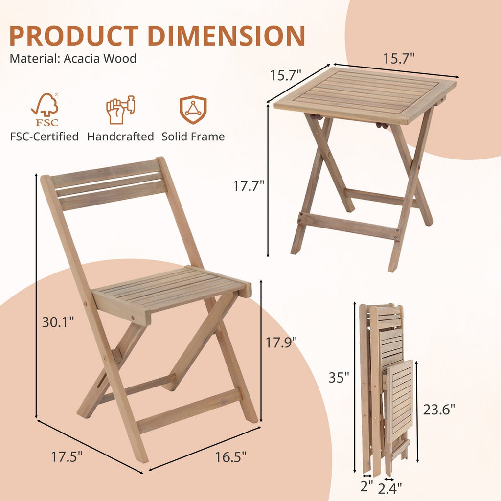 Patio Furniture Set 3 Piece Acacia Wood Bistro Table and Chairs Set of 2 Outdoor Bistro Patio Set Folding Patio Chairs and Square Table for Balcony, Porch, Garden