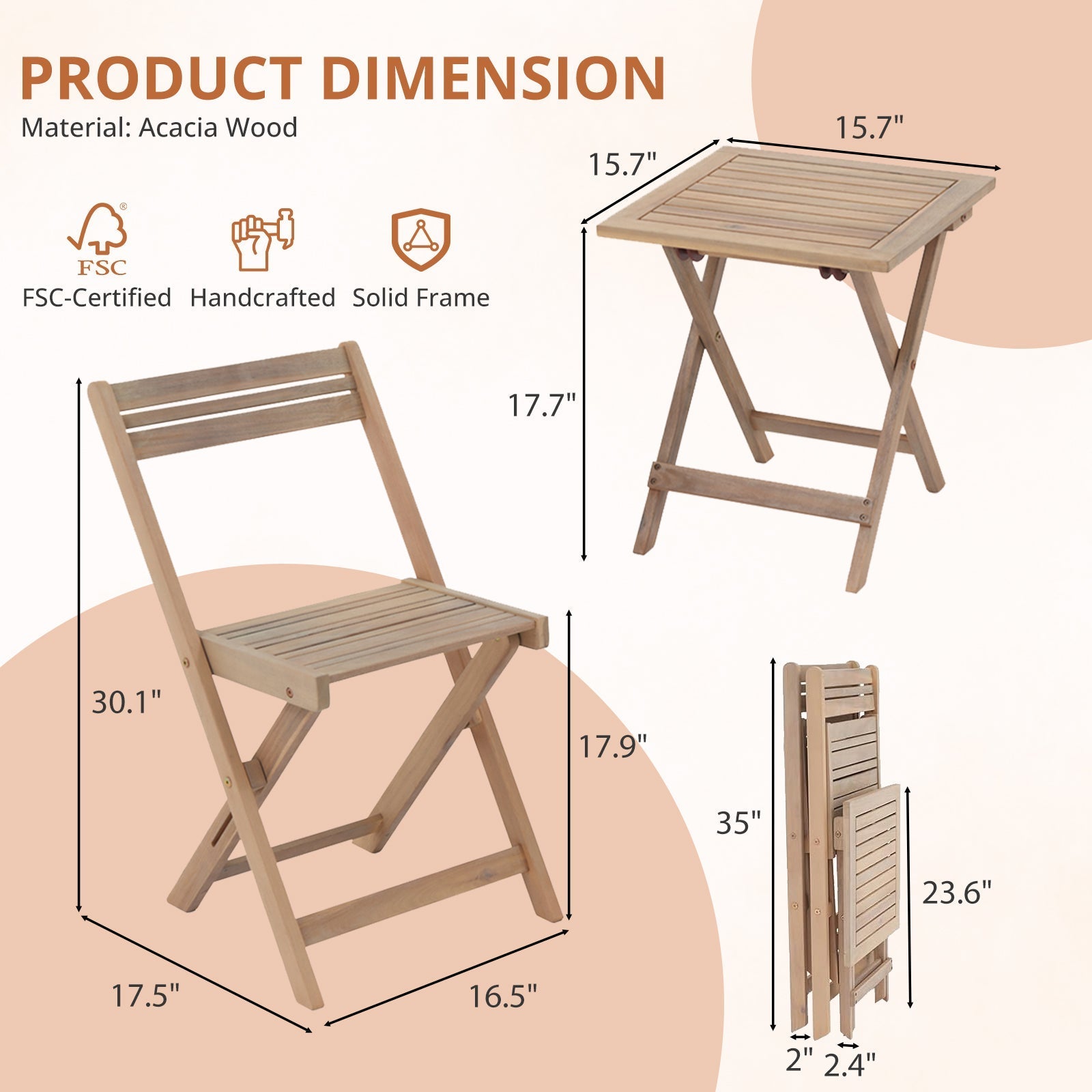 Patio Furniture Set 3 Piece Acacia Wood Bistro Table and Chairs Set of 2 Outdoor Bistro Patio Set Folding Patio Chairs and Square Table for Balcony, Porch, Garden