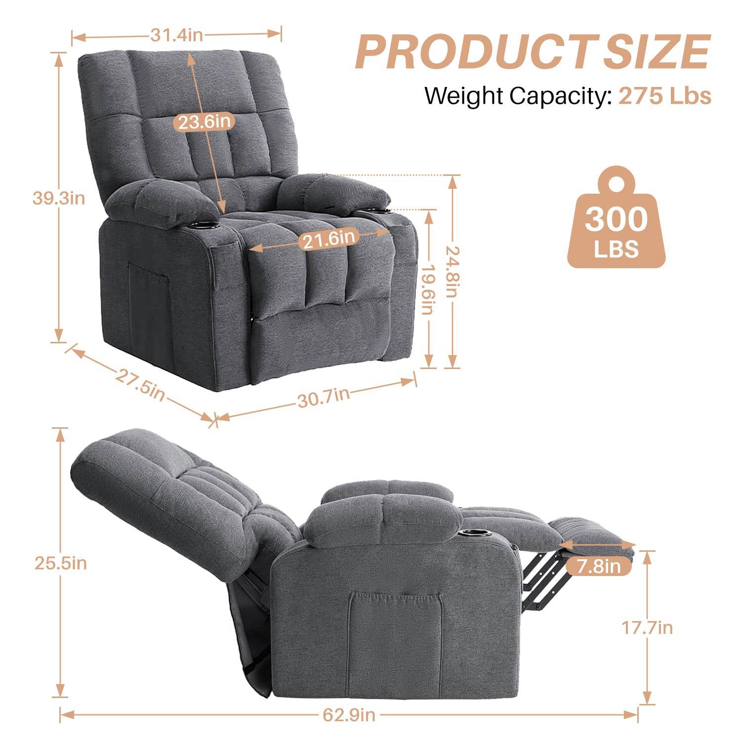 Recliner Vibration Massage Home Theater Seat with Lumbar Support and Heating, Adjustable Electric Lift Chair for Living Room