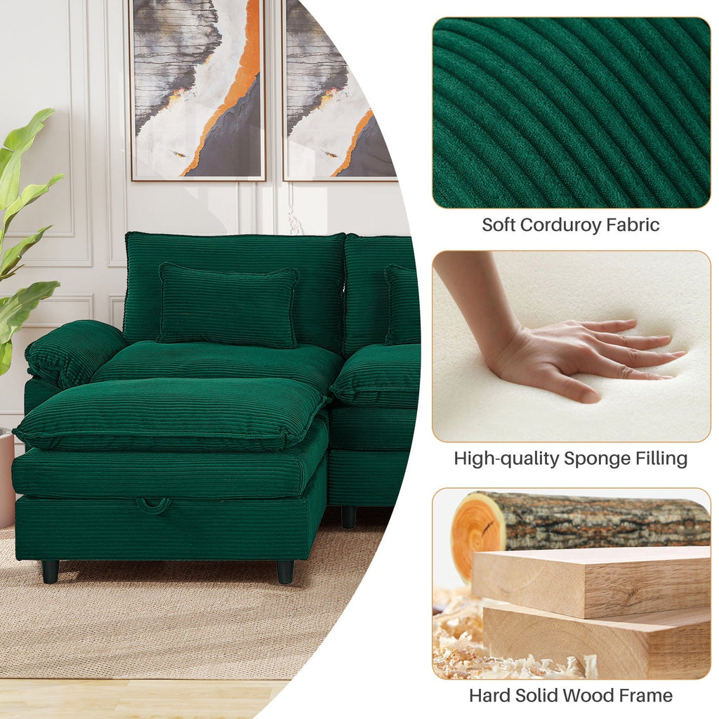Sectional Sofa Comfortable Cloud Couch with Ottoman, Corduroy Sofa Sleeper Deep Seat Sofa with Throw Pillows for Living Room