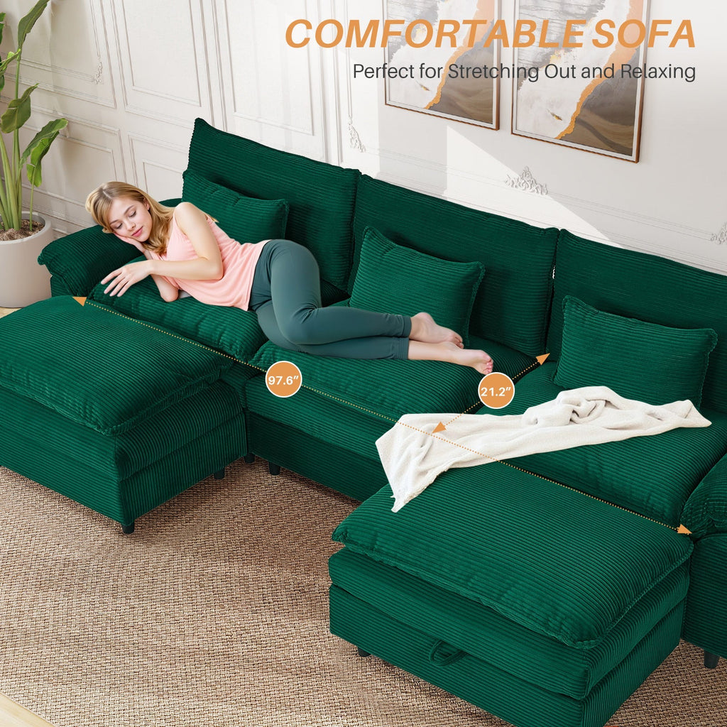 Sectional Sofa Comfortable Cloud Couch with Ottoman, Corduroy Sofa Sleeper Deep Seat Sofa with Throw Pillows for Living Room