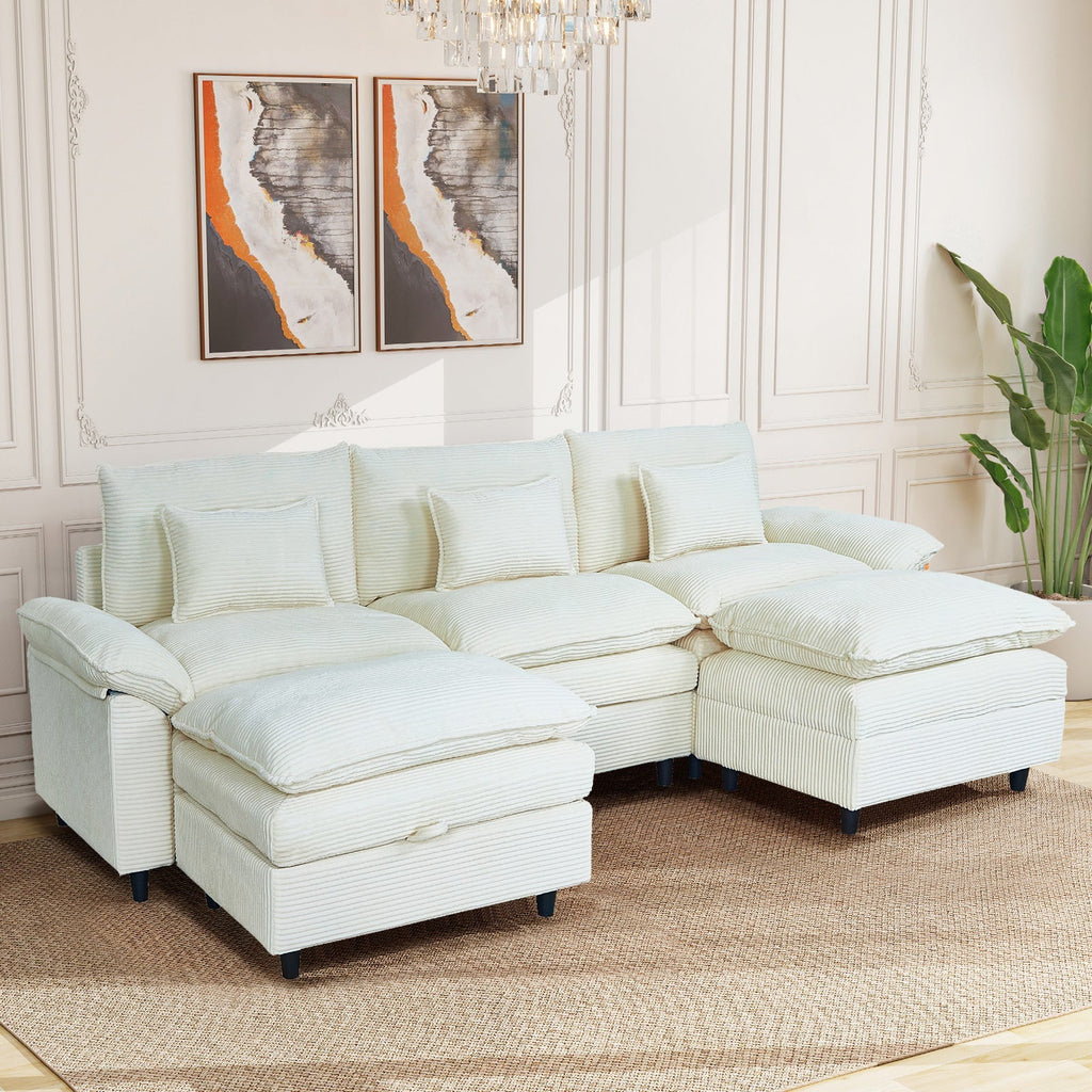 Sectional Sofa Comfortable Cloud Couch with Ottoman, Corduroy Sofa Sleeper Deep Seat Sofa with Throw Pillows for Living Room
