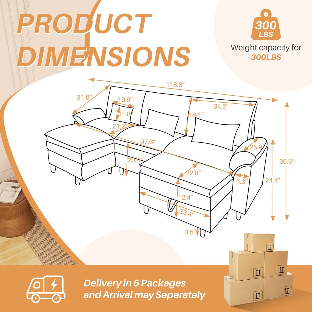 Sectional Sofa Comfortable Cloud Couch with Ottoman, Corduroy Sofa Sleeper Deep Seat Sofa with Throw Pillows for Living Room