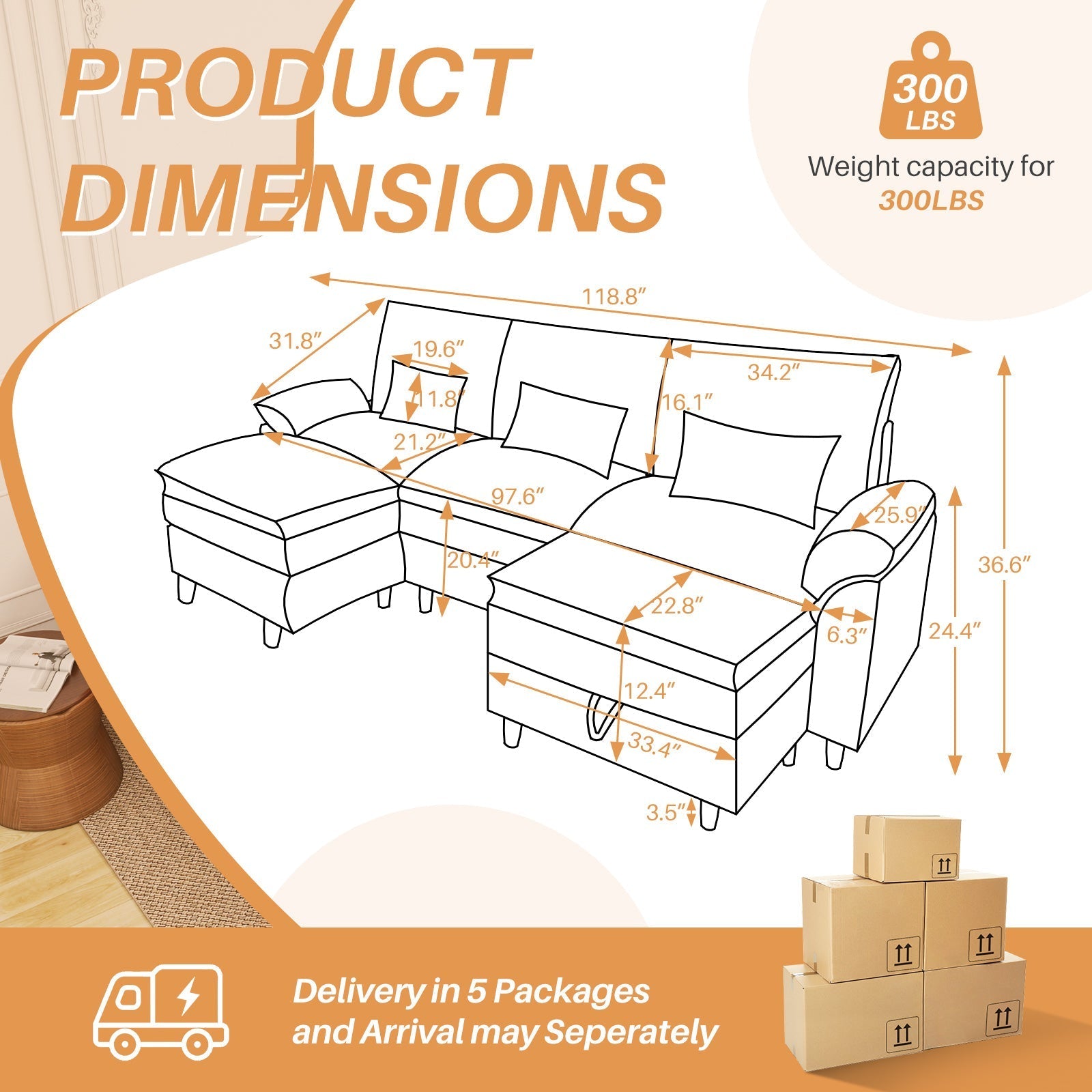 Sectional Sofa Comfortable Cloud Couch with Ottoman, Corduroy Sofa Sleeper Deep Seat Sofa with Throw Pillows for Living Room