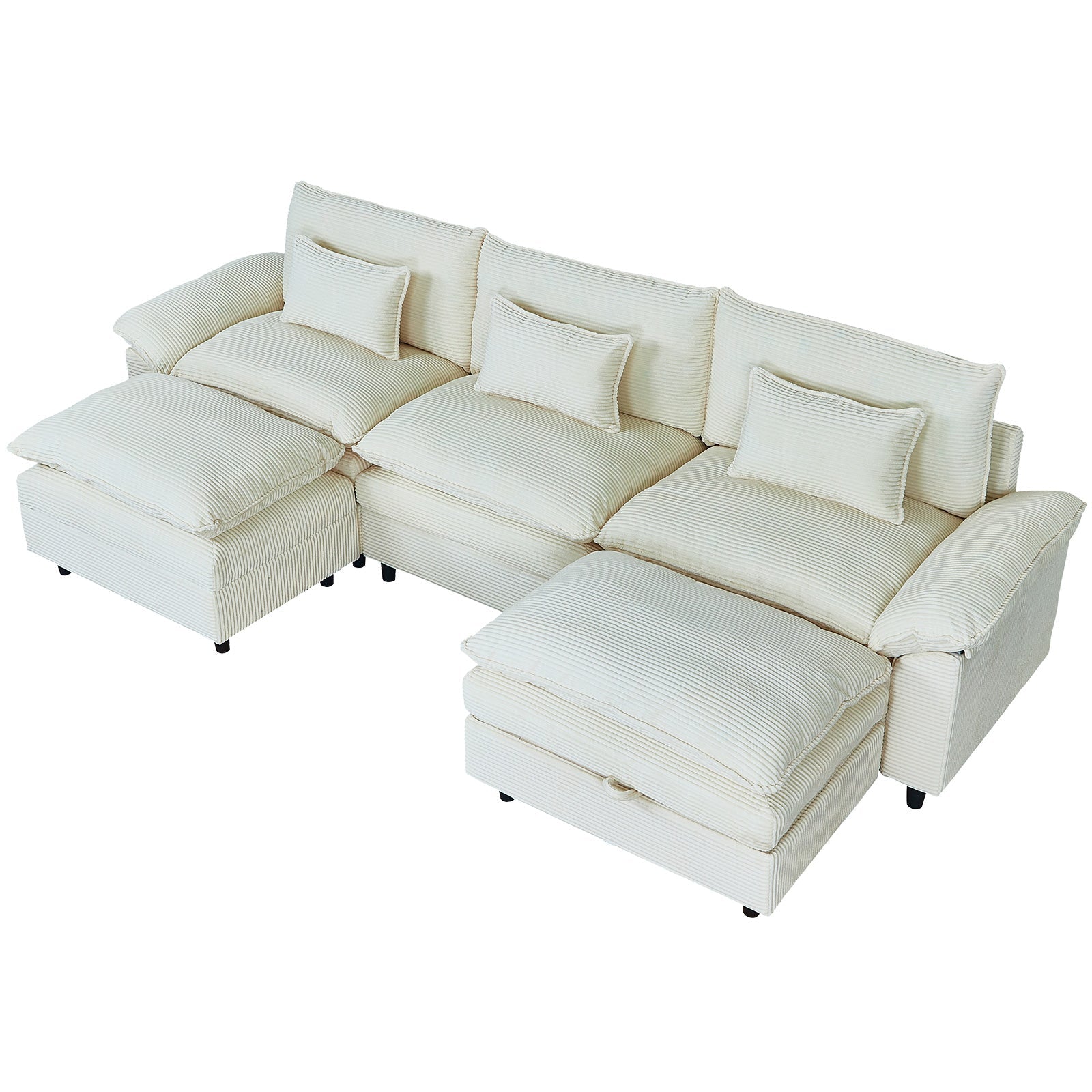 Sectional Sofa Comfortable Cloud Couch with Ottoman, Corduroy Sofa Sleeper Deep Seat Sofa with Throw Pillows for Living Room