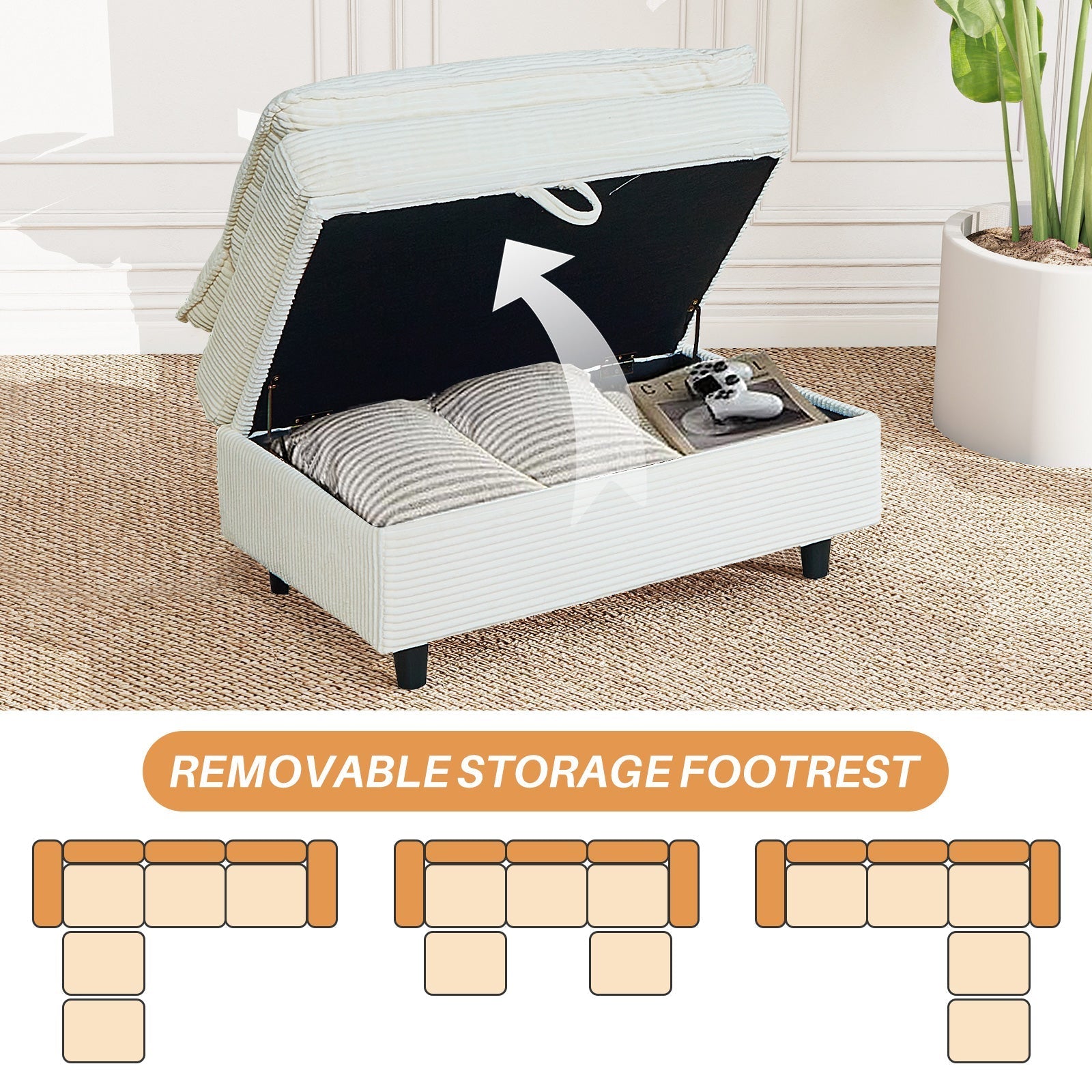 Sectional Sofa Comfortable Cloud Couch with Ottoman, Corduroy Sofa Sleeper Deep Seat Sofa with Throw Pillows for Living Room