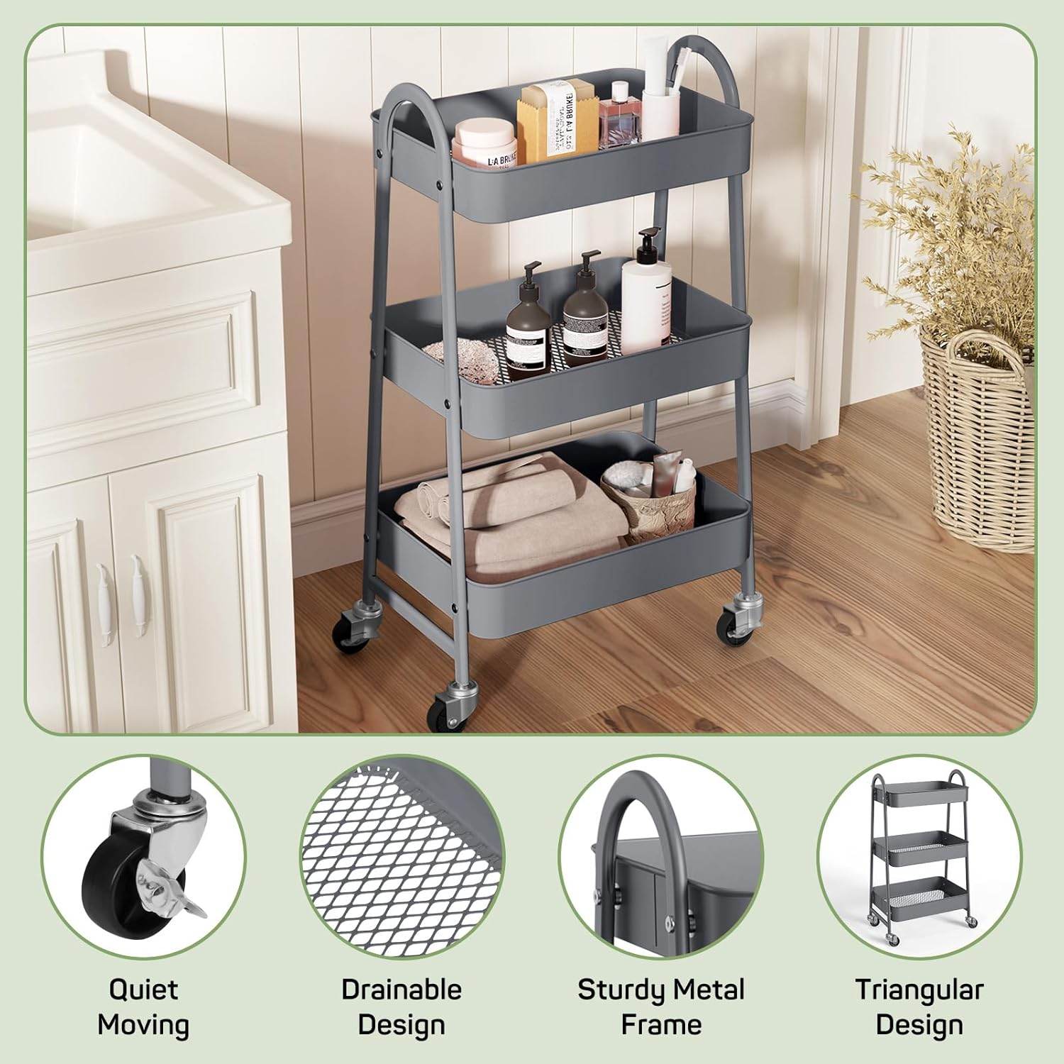MyDepot Utility Cart 3-Tier Kitchen Storage Rack 
Quiet Moving
Drainable Design
Sturdy Metal Frame
Triangular Design