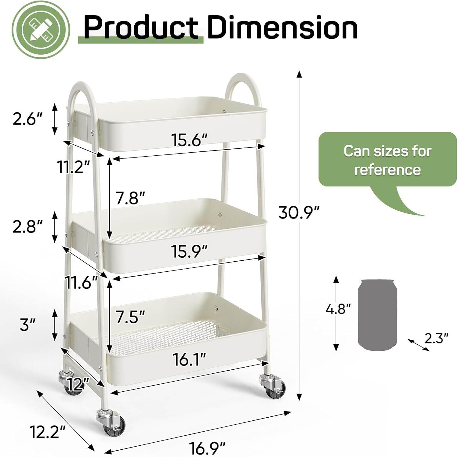 MyDepot Utility Cart 3-Tier Kitchen Storage Rack 
Product Dimension