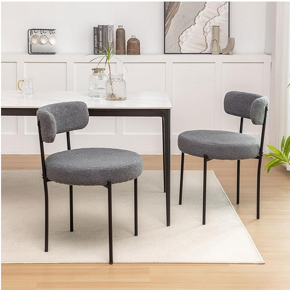 LIFERECORD Dining Chairs Set of 2, Modern Dining Room Chairs with Cushions and Metal Legs, Max Weight Capacity 330LBS, Round Upholstered Boucle Chairs for Kitchen, Dining Room, Living Room, Gray