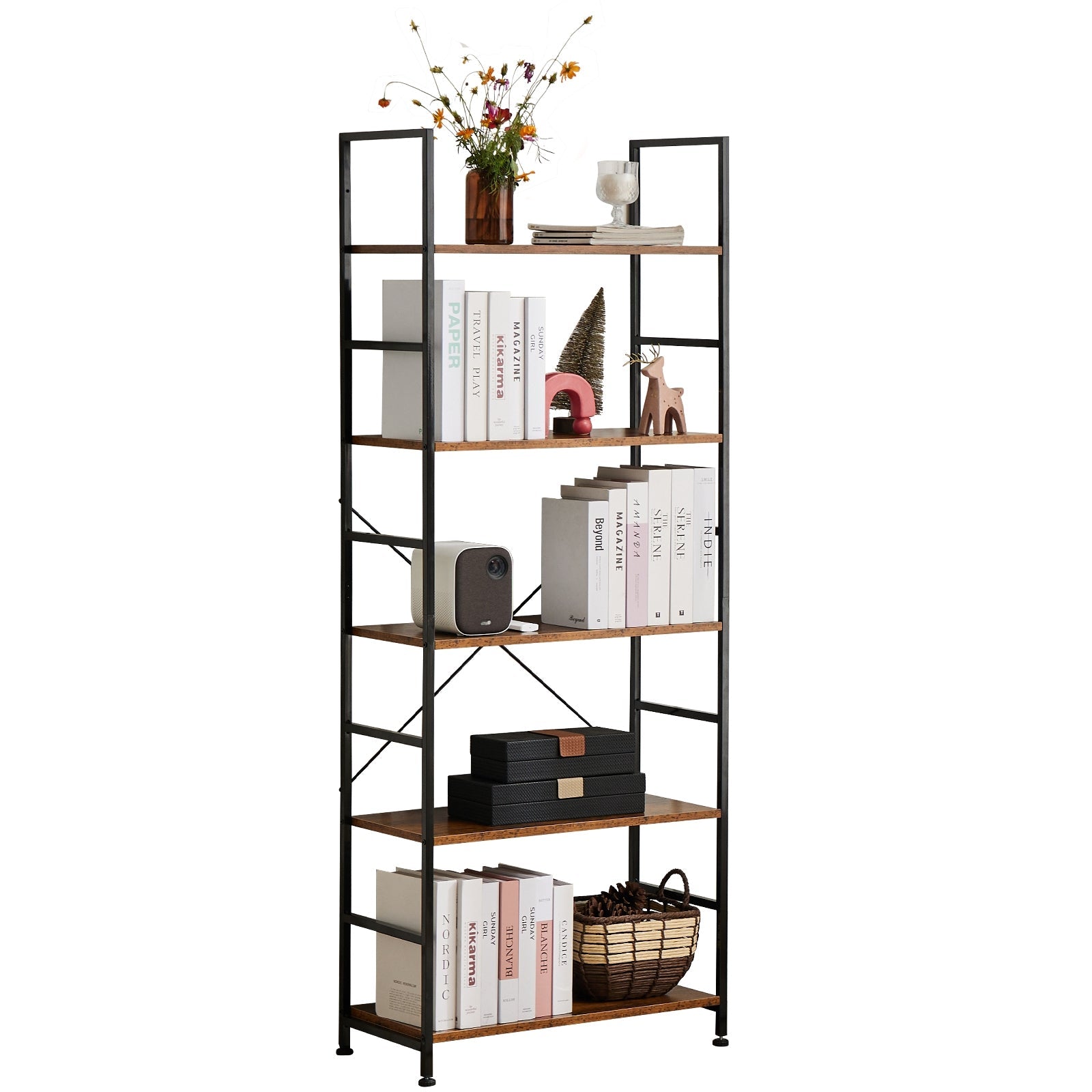 LIFERECORD 5 Tier BookShelf, Free Standing Storage Shelving Unit for Living Room/Bathroom/Office/Garage, Adjustable, Easy Assembly, Rustic Brown