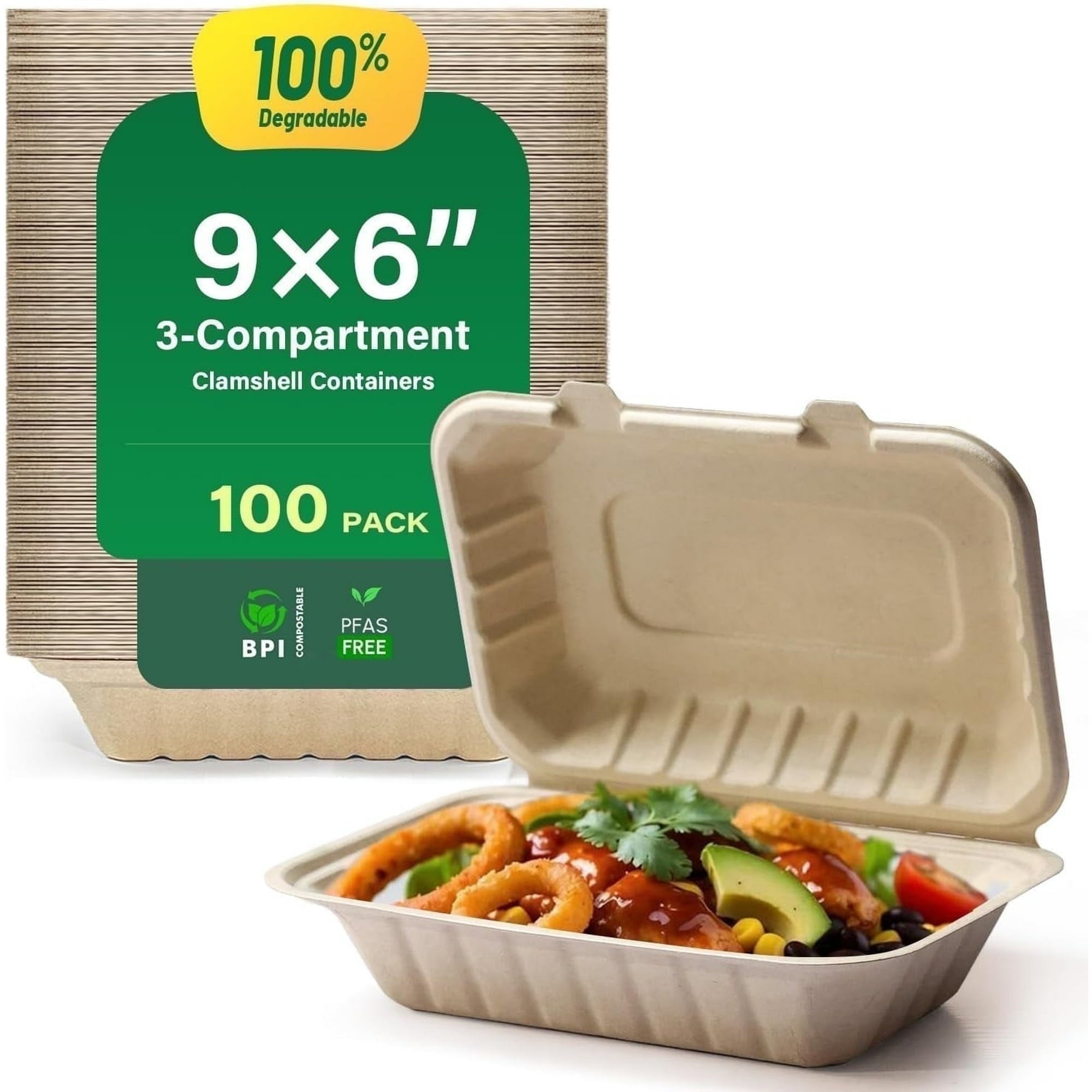 Airdown Compostable Clamshell Food Containers for Takeout - Heavy-Duty Quality. Made from Natural Sugar Cane Fibers, Eco-Friendly & Biodegradable