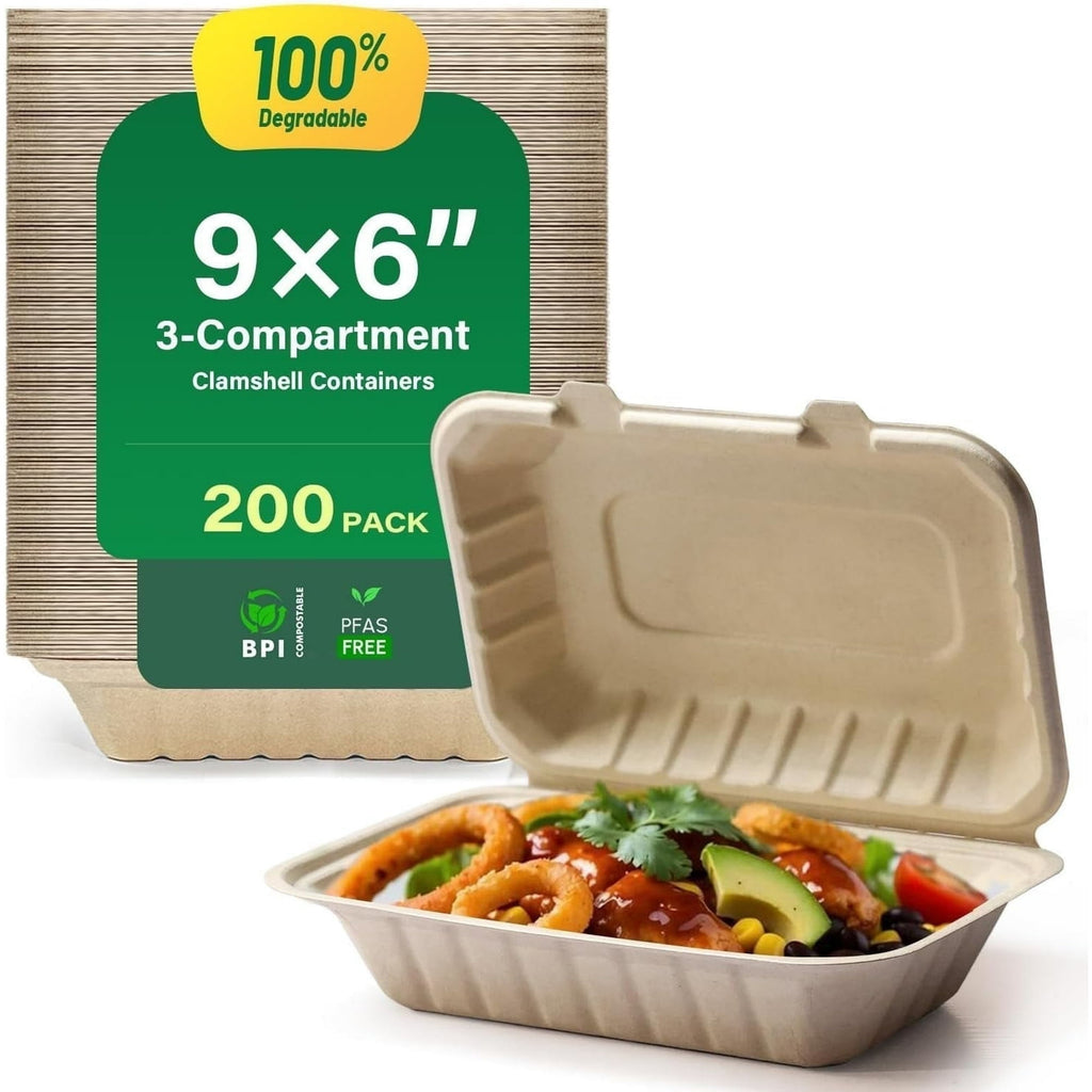 Airdown Compostable Clamshell Food Containers for Takeout - Heavy-Duty Quality. Made from Natural Sugar Cane Fibers, Eco-Friendly & Biodegradable