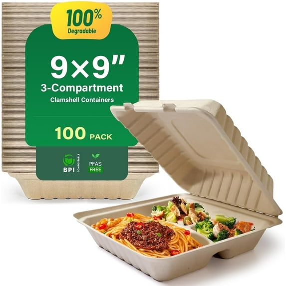 Airdown Compostable Clamshell Food Containers for Takeout - Heavy-Duty Quality. Made from Natural Sugar Cane Fibers, Eco-Friendly & Biodegradable